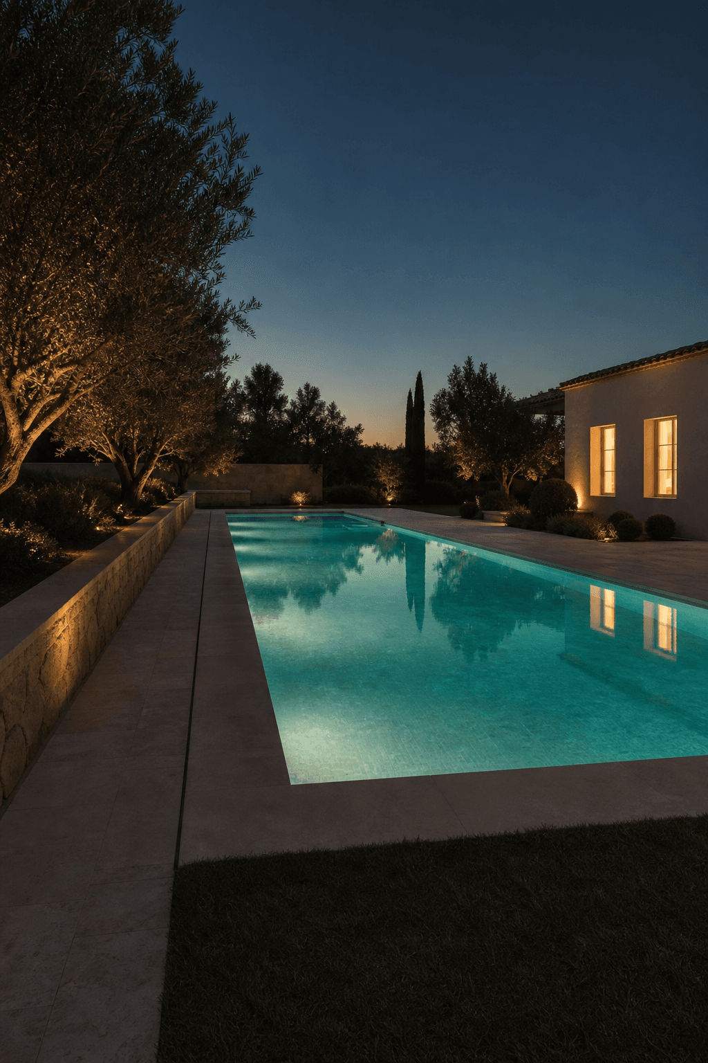 Une piscine rectangulaire éclairée au crépuscule, dans un jardin d'oliviers